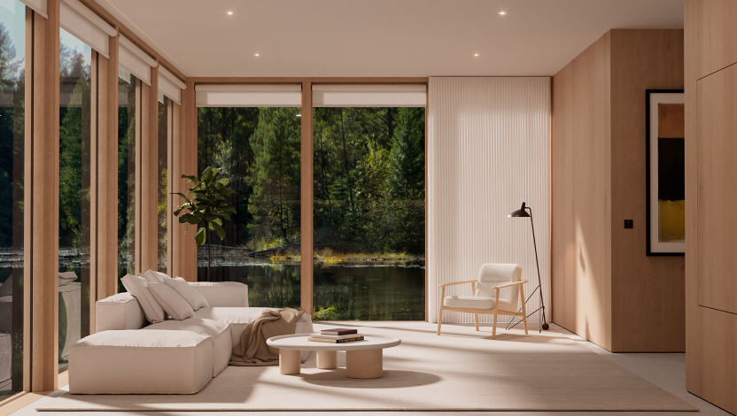 Lutron automated shades across the windows of a calm, modern living room