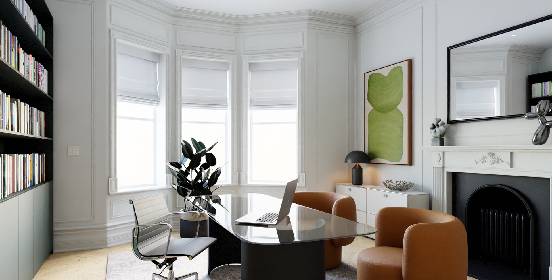 Lutron motorised roller shades in a bright home office