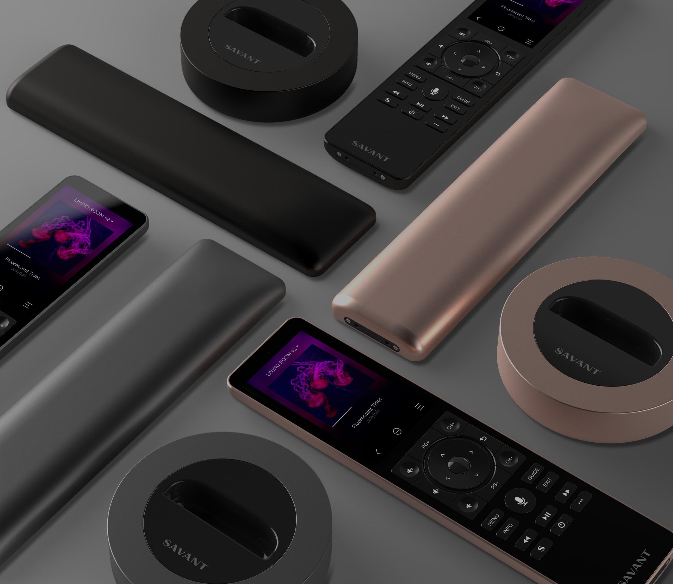 Savant Pro Remote X2 shown in several finishes with its charging bases