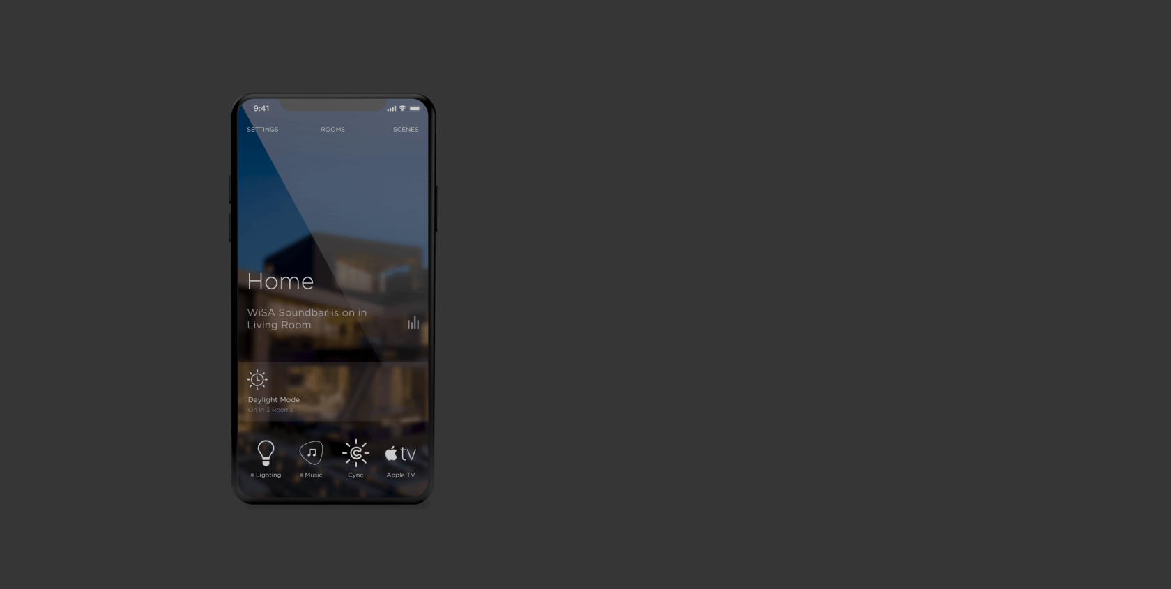 Savant home app interface on a smartphone for controlling connected home services