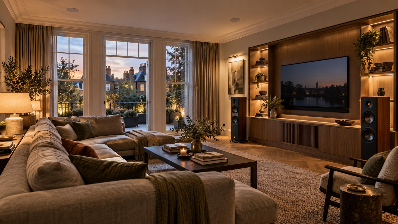 A warm home listening room with a television and carefully placed speakers