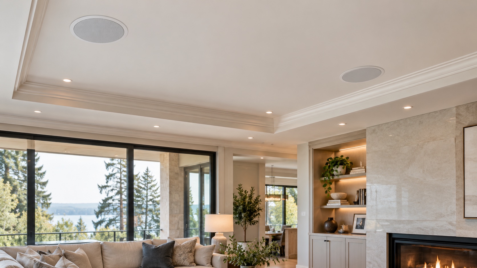 Discreet in-ceiling speakers positioned within a calm interior