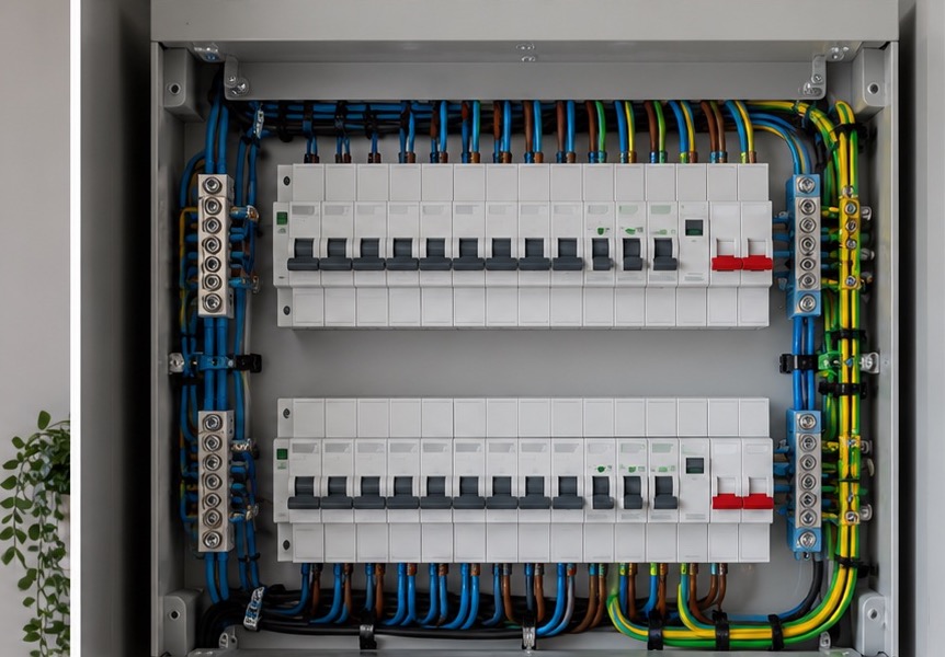 Illustrative view of an electrical consumer unit and distribution equipment