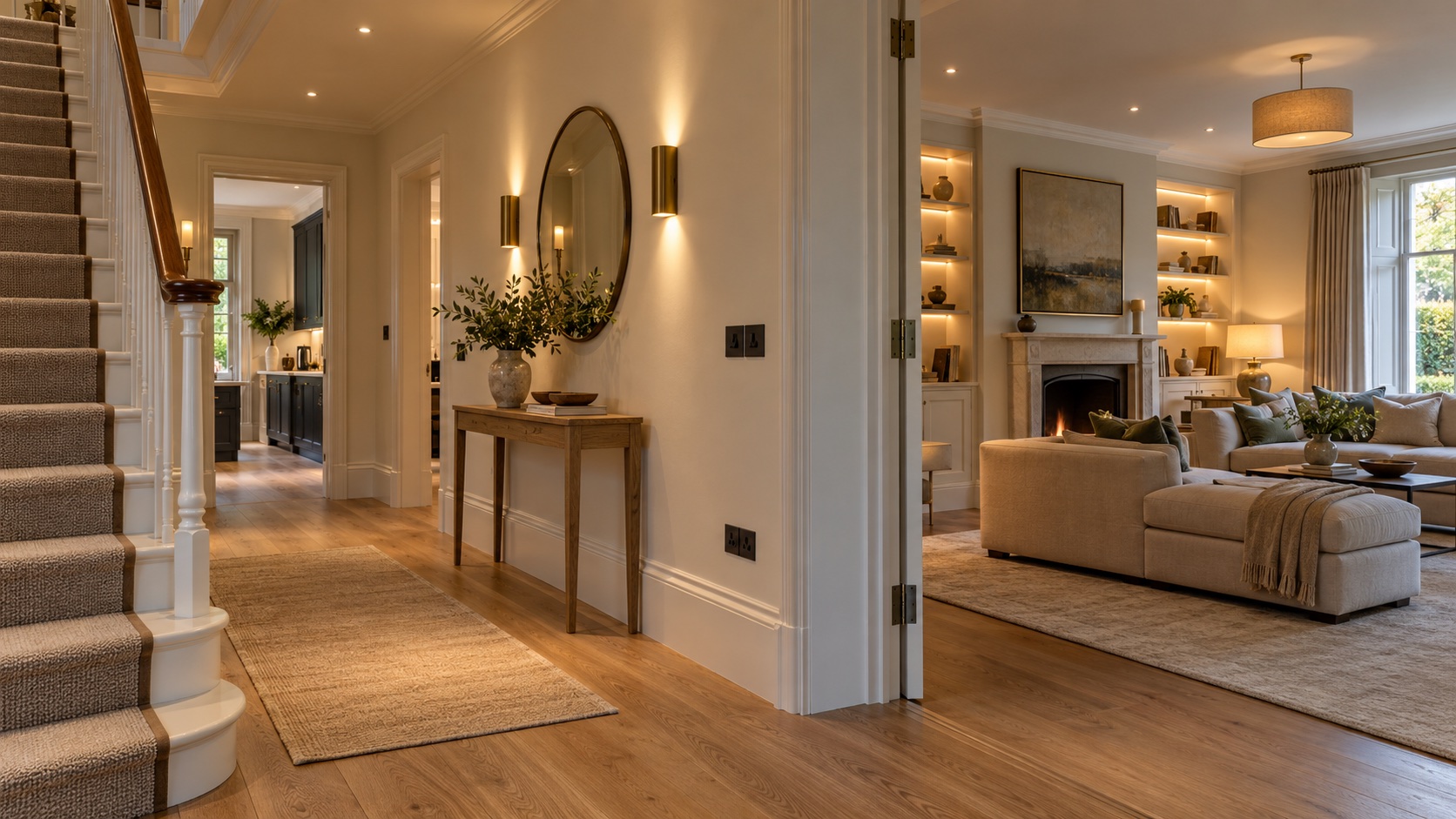 Warm, layered lighting in a contemporary home interior