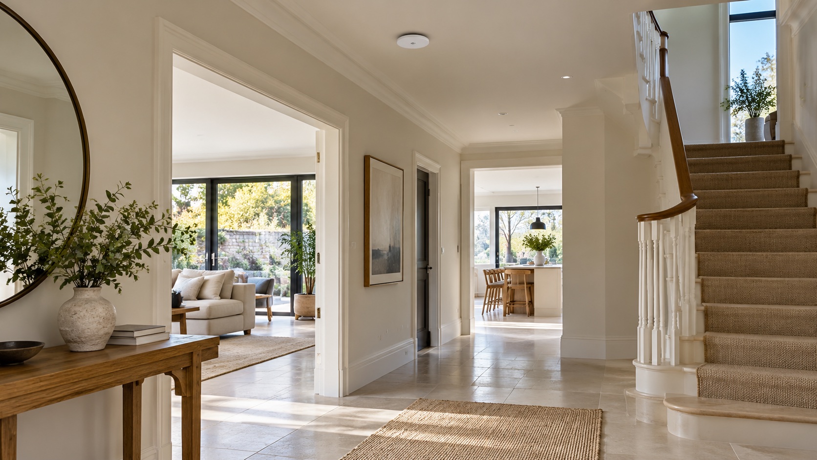 A discreet ceiling-mounted wireless access point in a residential hallway