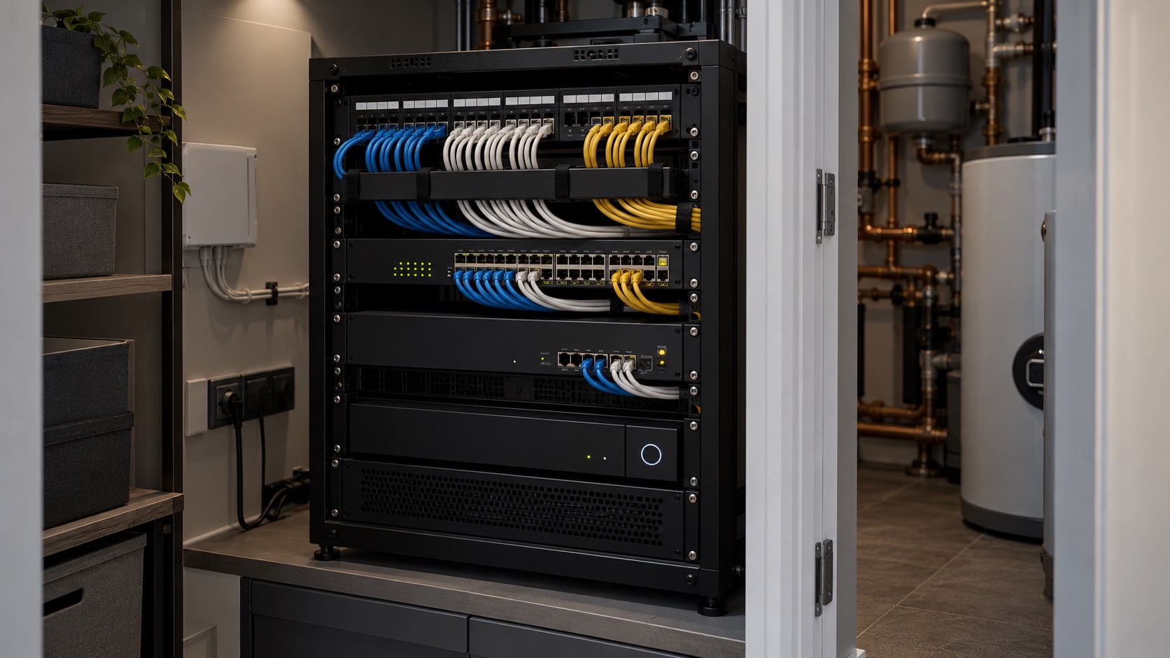A neatly arranged home network rack with connected equipment and cable management
