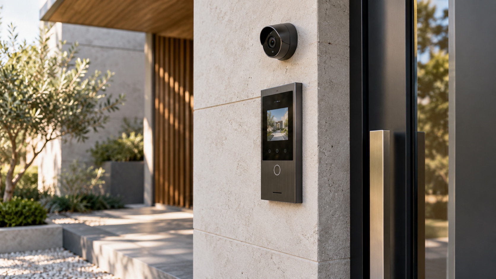 Close view of a modern video door entry panel and discreet exterior camera