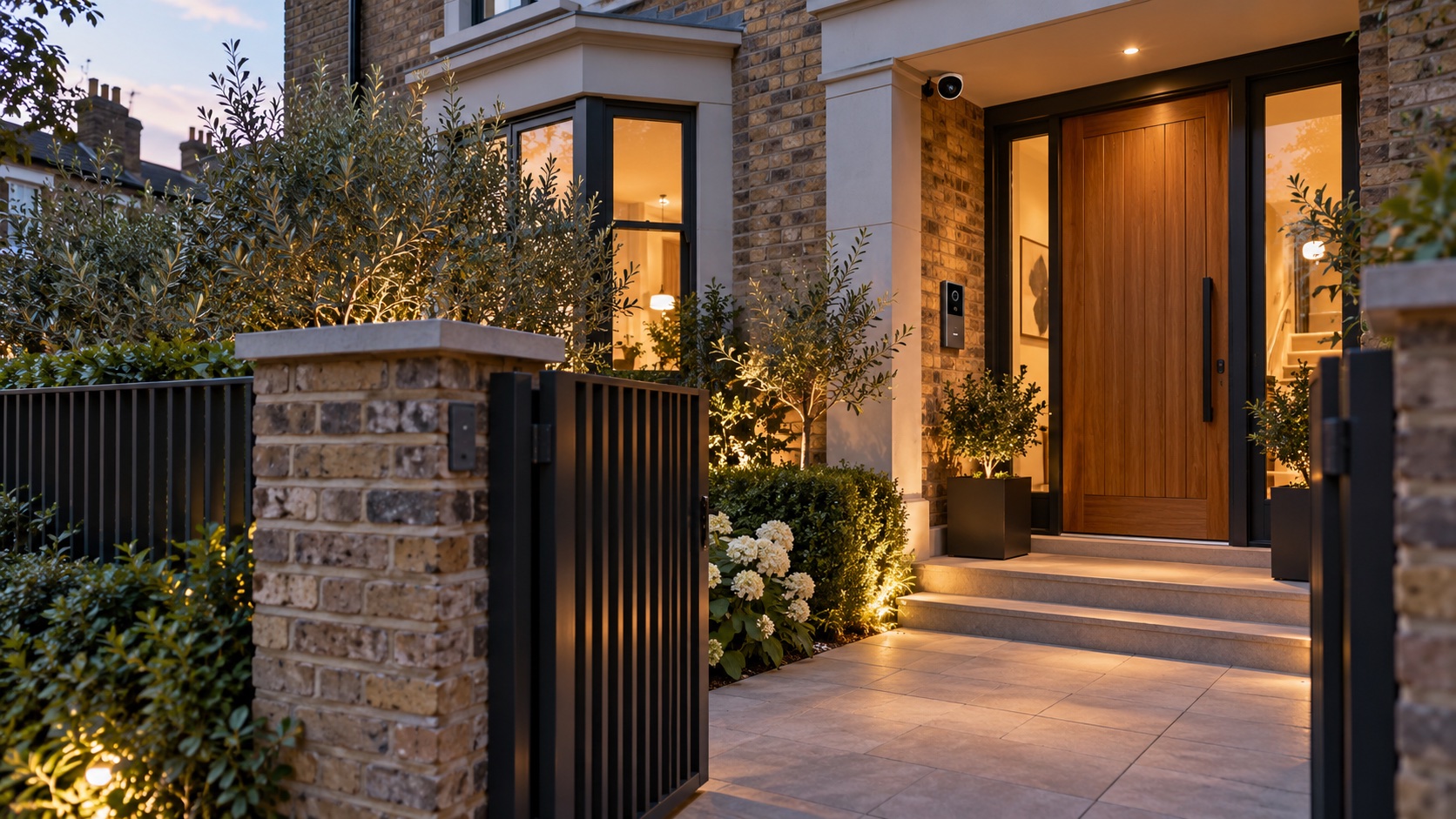A discreet security camera and video entry panel beside the entrance of a London home