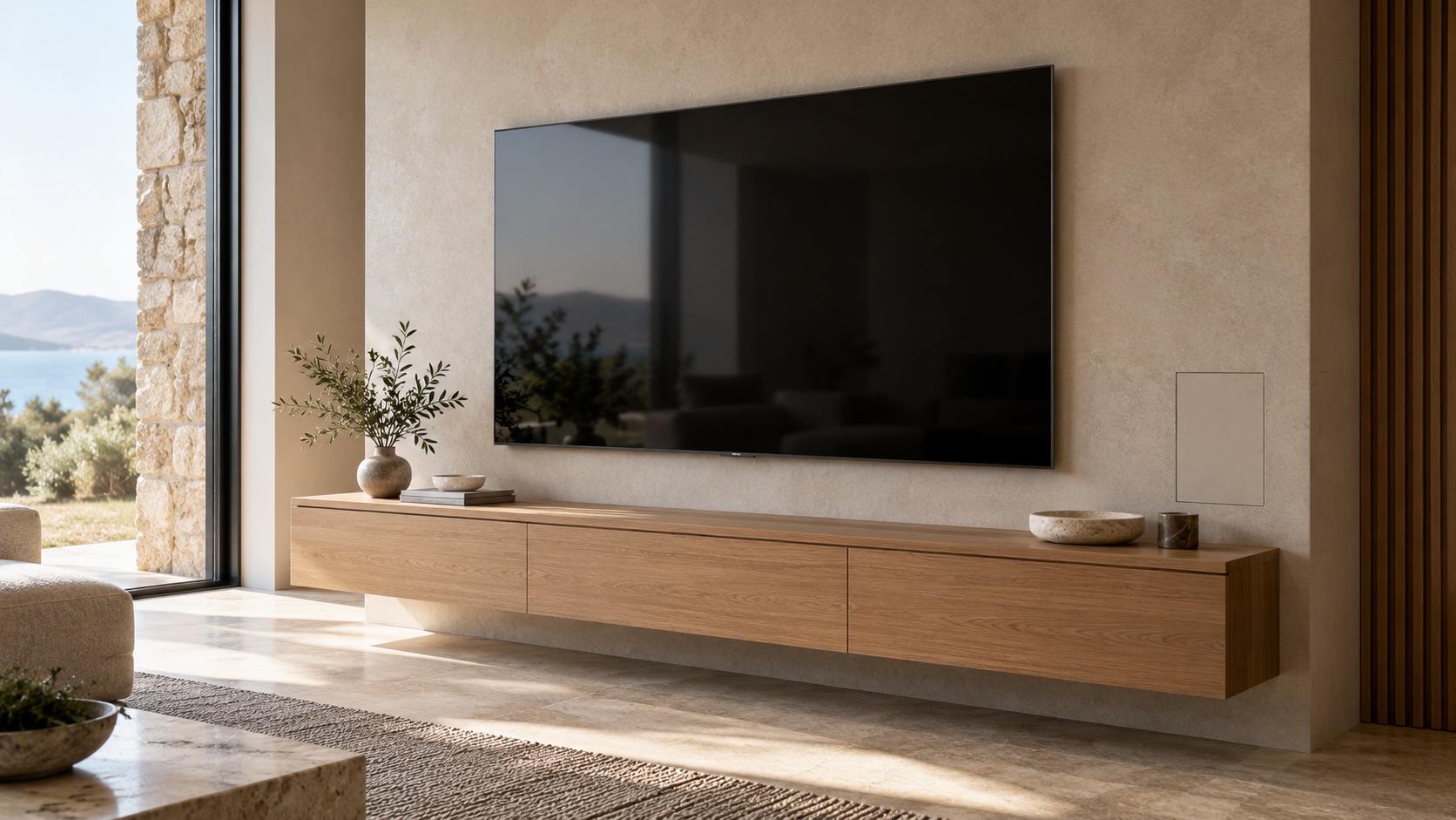 A television and media equipment arranged neatly in a modern living room
