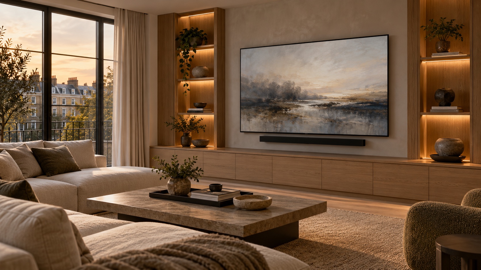 A television integrated into a calm, contemporary media wall